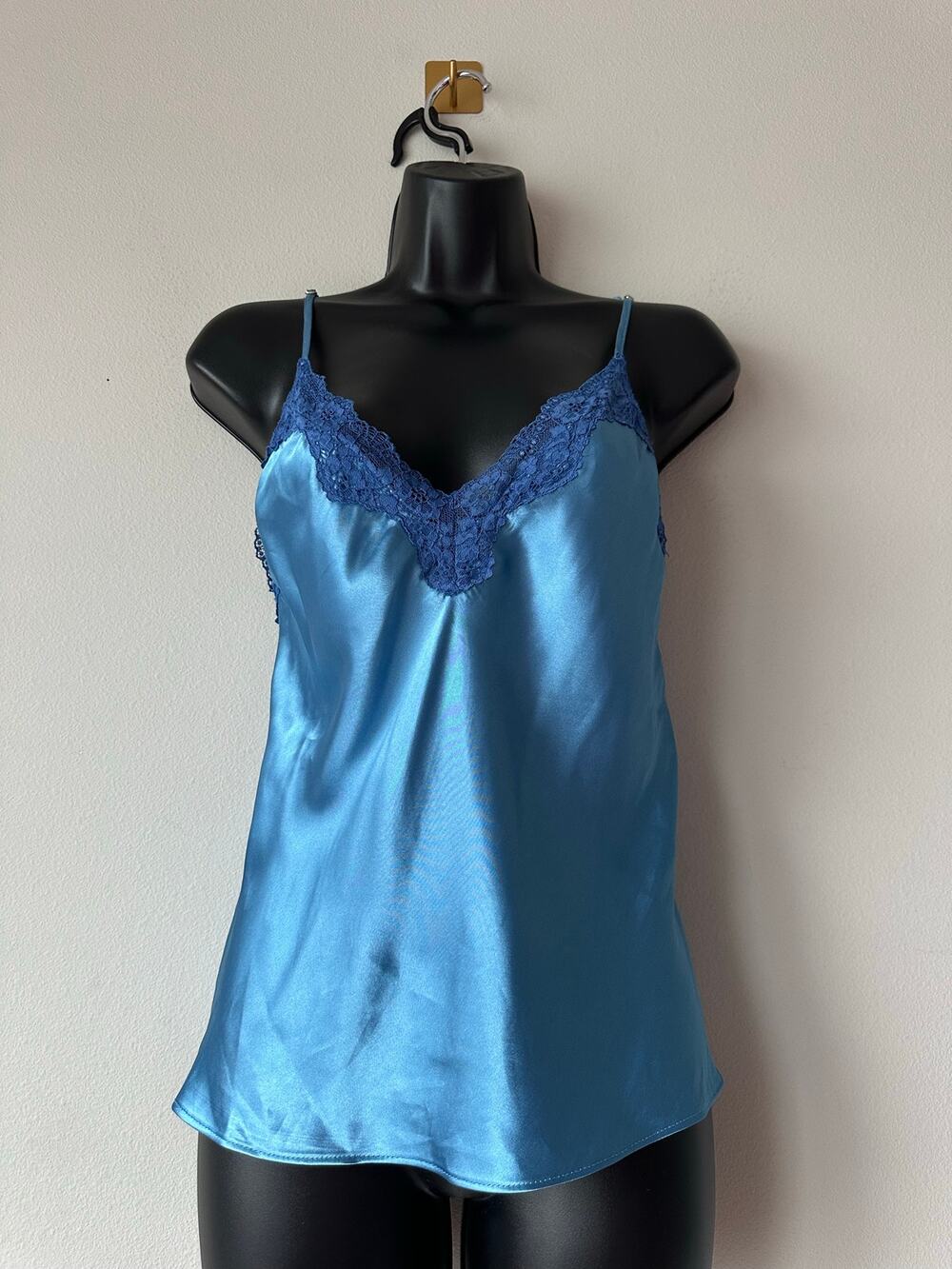 Vintage Y2K Linea Donatella Blue Satin Lace Cami Lingerie Camisole Going Out  L